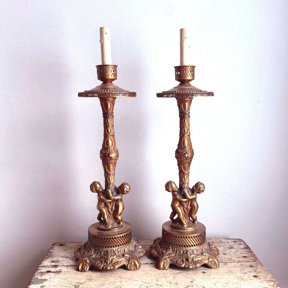 Pair Antique Brass Ornate Cherub Claw Foot Candlestick Table‎ Lamp Set Cut Wires